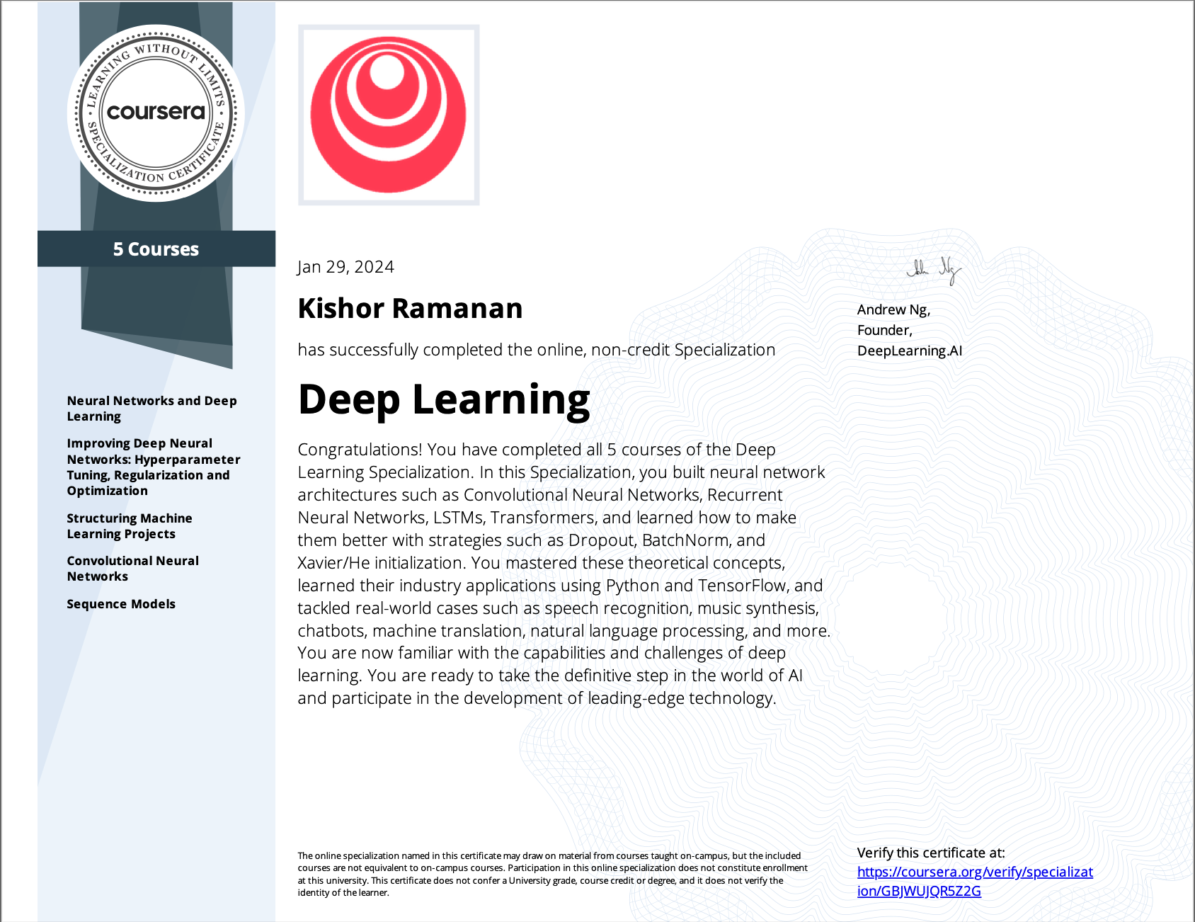 Deep Learning Certificate